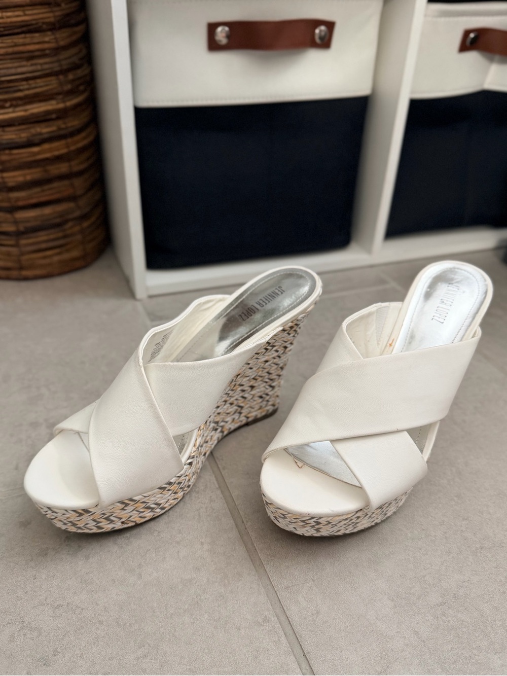 Jennifer Lopez Cream Crisscross Wedge Sandals